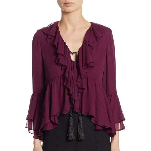 Cinq a Sept Pacifique Silk Ruffle Blouse Size XS Purple Bell Sleeves Tassels NWT - Picture 1 of 11